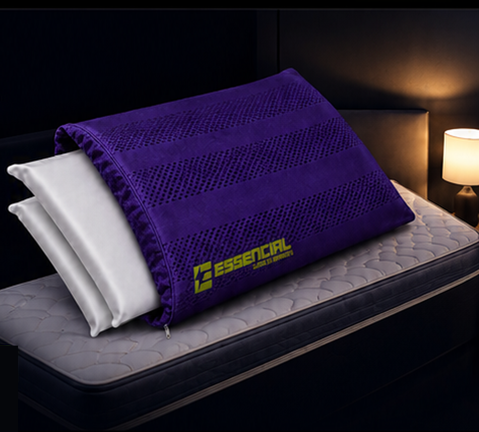 Travesseiro Regulável Essencial roxo sobre a cama